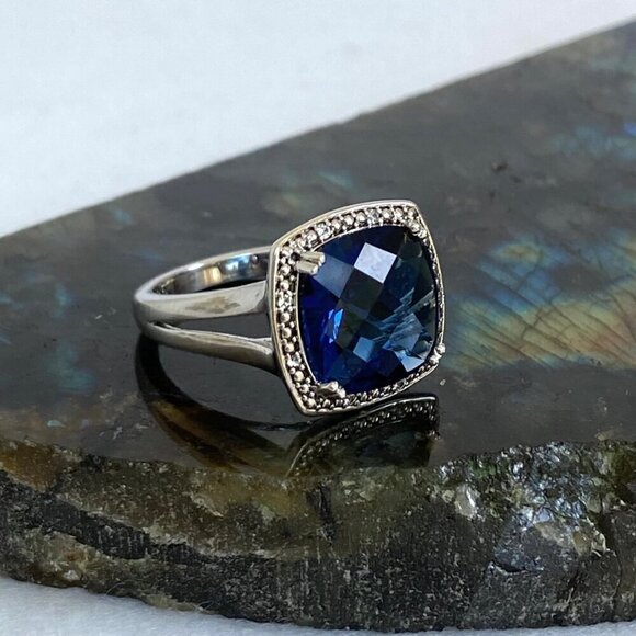 Sterling Silver 925 P☆M Blue Cubic Zirconia & Diamond Accent Stone Ring Sz 7 - Picture 4 of 16